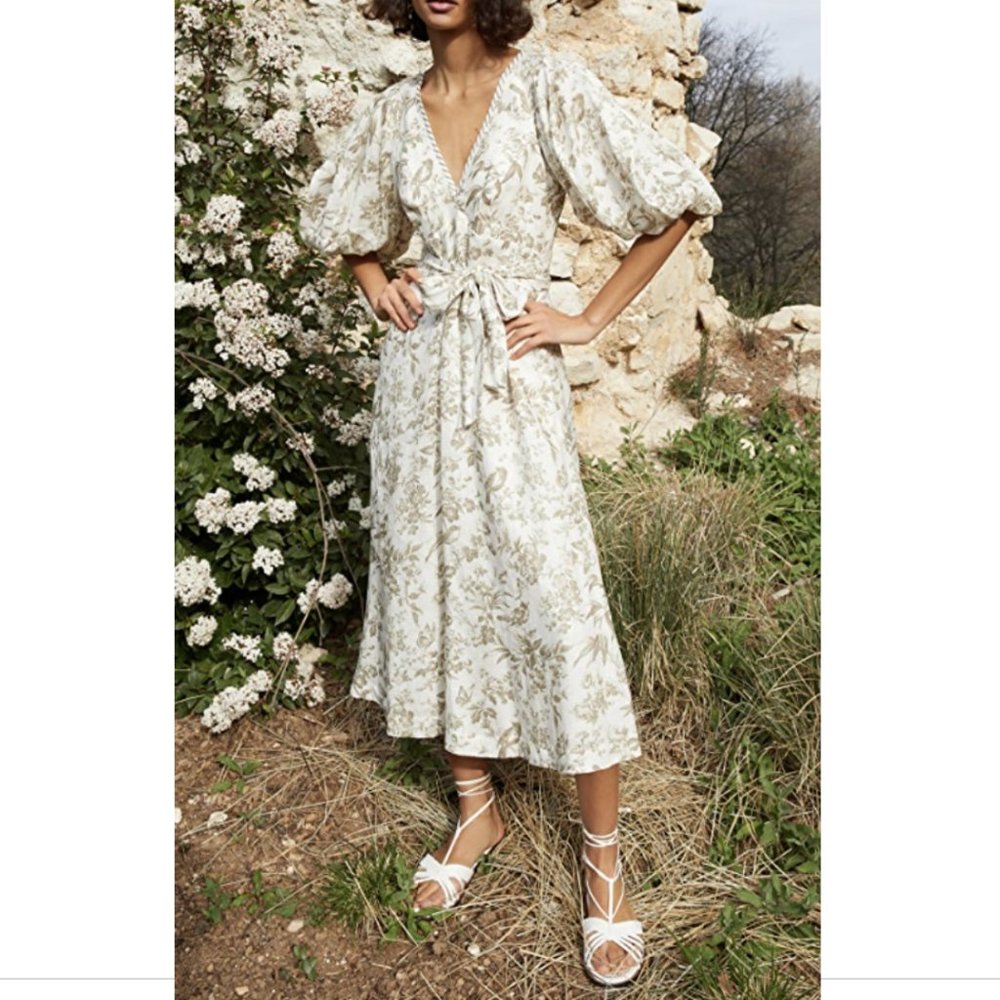 ZIMMERMANN Linen Day Midi Dress In Olive Toile Print Brand Sz 1